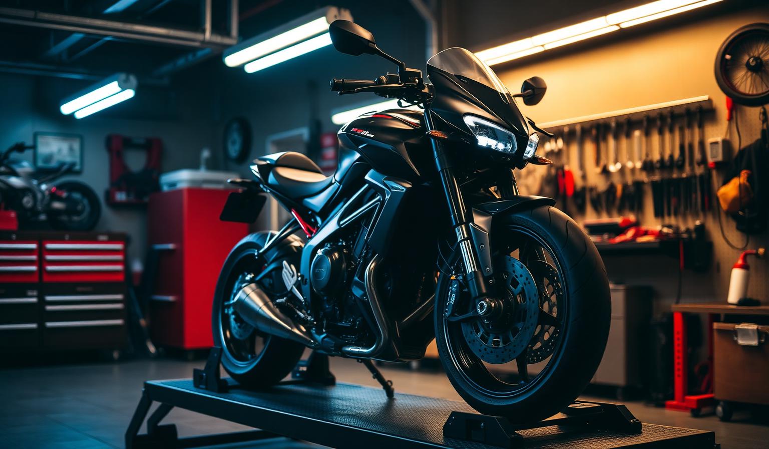Sport motorcycle on a lift inside Allbritton Performance and Repair shop
